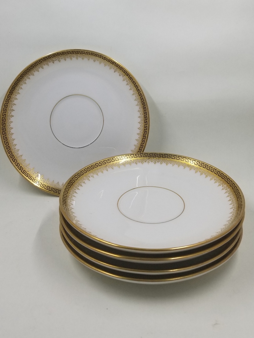 [ELITE WORKS, LIMOGES] Antique Meander Saucers with Gold (France, Pre-1915)